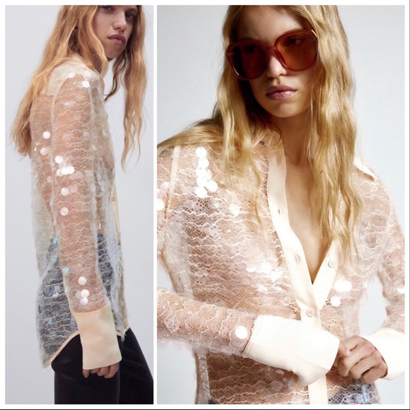NWT ZARA beige SEMI-SHEER SEQUIN TOP - Picture 10 of 15